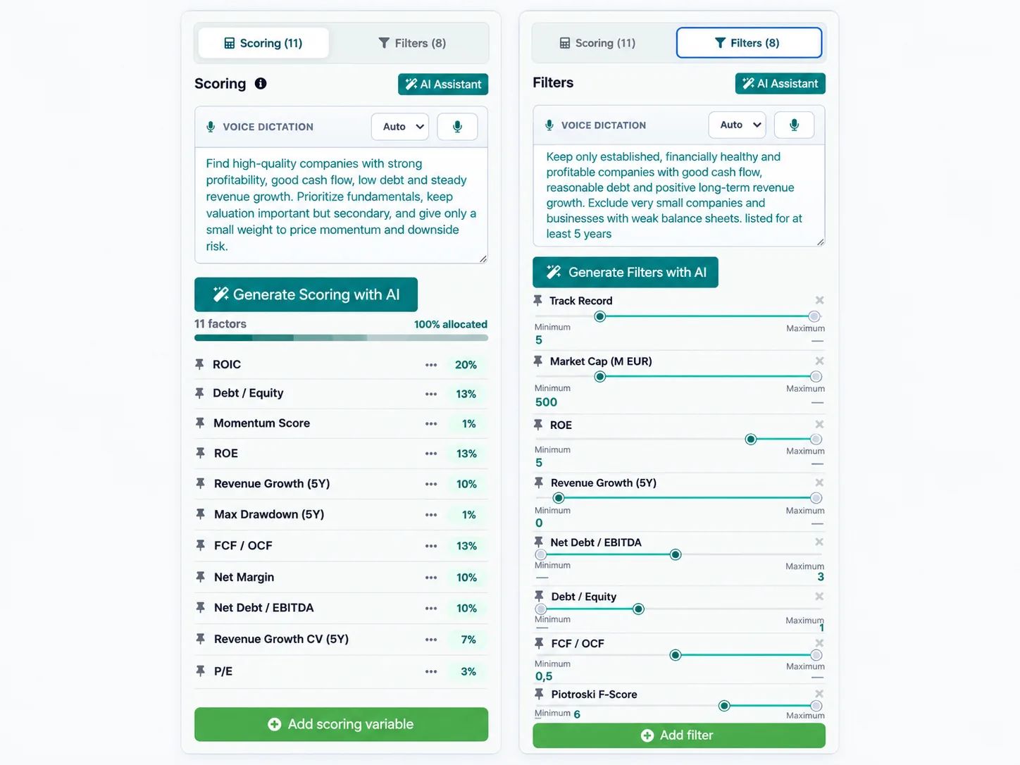 PrimeStrider AI scoring and filtering tools turning natural-language investment ideas into quantitative stock screening rules